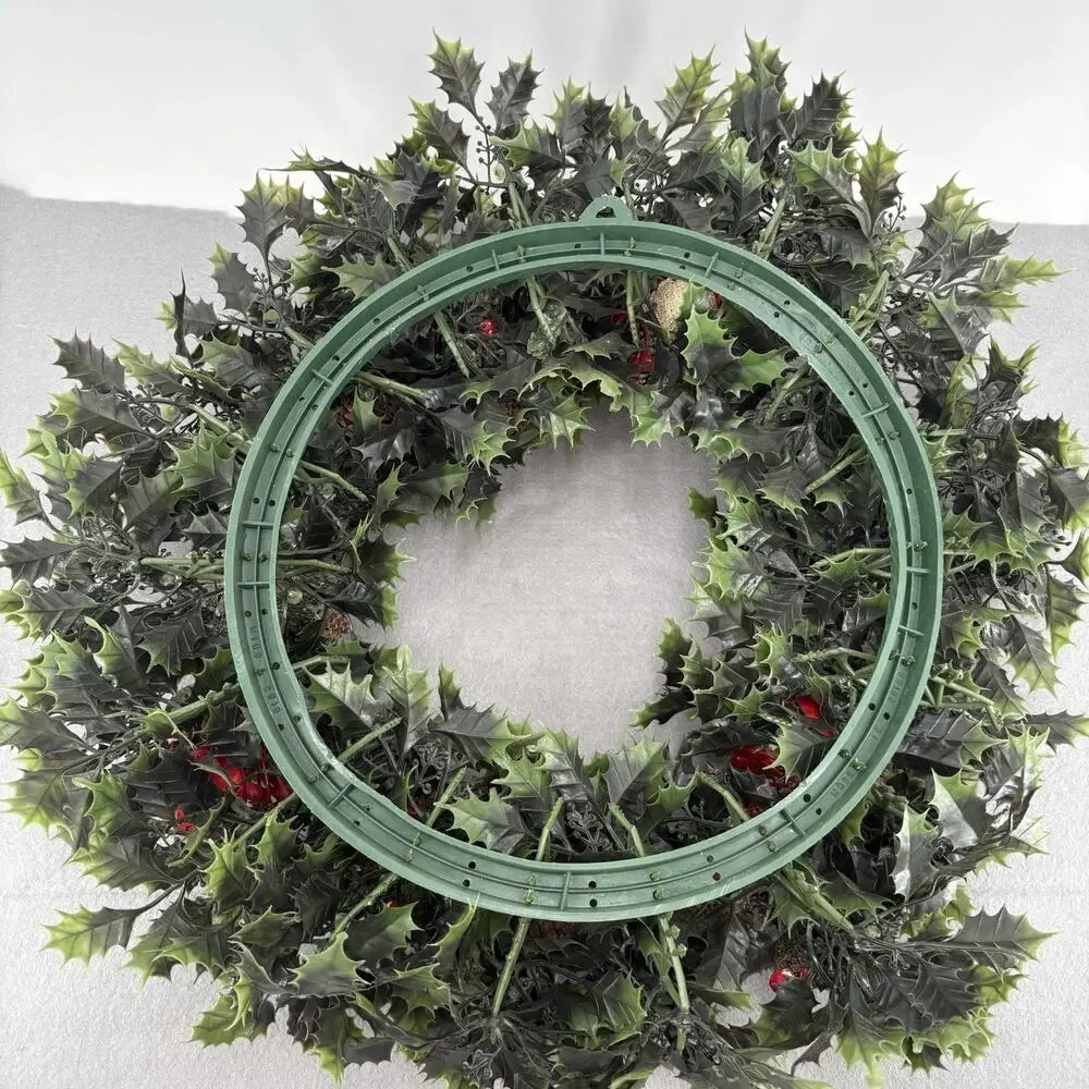 Vintage Holiday Christmas Door Wreath Plastic Evergreen Leaves Holly Berries MCM